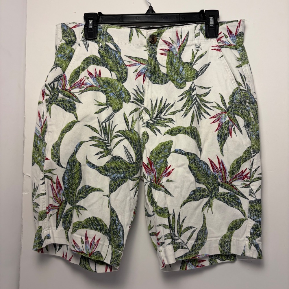 Plugg Flex Mens Tropical Bird of Paradise Palm Print Shorts White Green Size 33‎